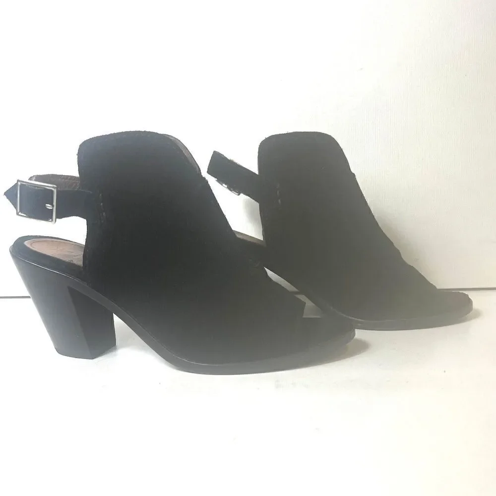 Frye Black Suede Ankle Bootie High Heels Wrap Women's Size 8.5 B Peep Toe Buckle